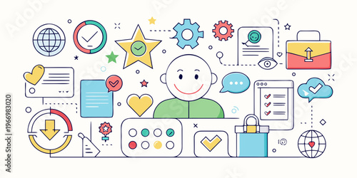 Happy person surrounded by digital and symbols technology