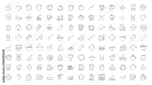 line icons of kitchen utensils and food preparation tools on white background