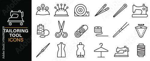 Tailoring tools and sewing equipment outline icon set