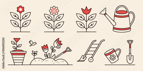 Gardening with flowers, plants, and tools watering can wheelbarrow