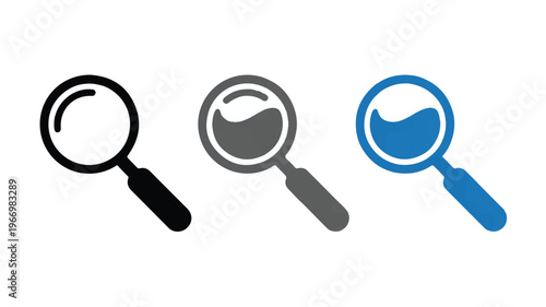 Magnifying glass icons in black gray and blue colors for search and investigation