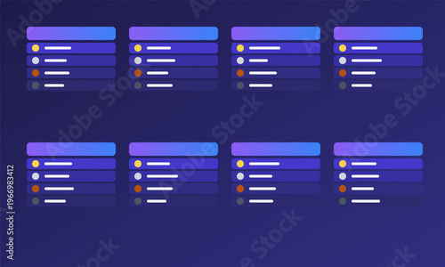 Hand-drawn Set of eight modern user interface card templates with colorful gradients on dark background authentic illustration