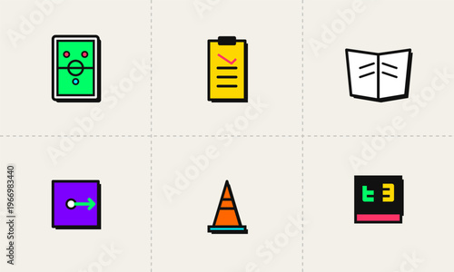 Hand-drawn neo-brutalism sports icons collection featuring soccer tactics training equipment strategy management elements for world cup authentic illustration