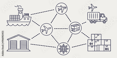 Logistics and transportation network line with airplanes and trucks line supply chain