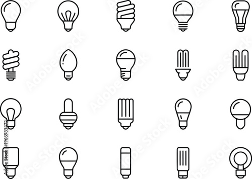 Black and white line of various light bulbs line electricity lighting energy