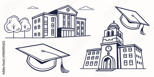 University campus with graduation caps buildings