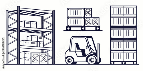 Warehouse storage with forklift and shelving units boxes