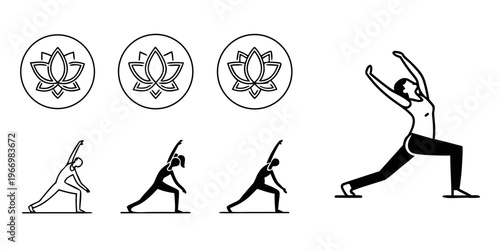 Yoga poses and lotus flower in black and white