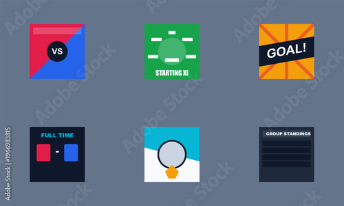 Hand-drawn collection of soccer social media post templates including starting lineup match results goals and standings authentic illustration