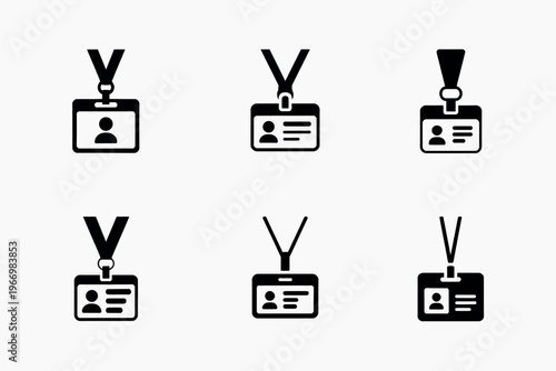 Black and white ID badge icons with lanyards silhouette set for identification, security, and corporate access design