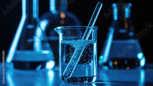 Close up of bubbling liquid in a scientific beaker with a test tube in a blue lit laborato