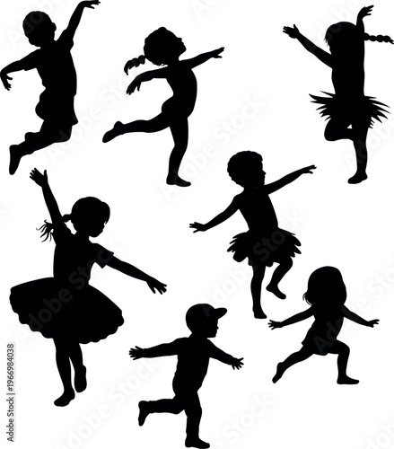 Children silhouettes dancing and playing in joyful poses, kids activity, movement, fun and childhood happiness concept isolated on white background