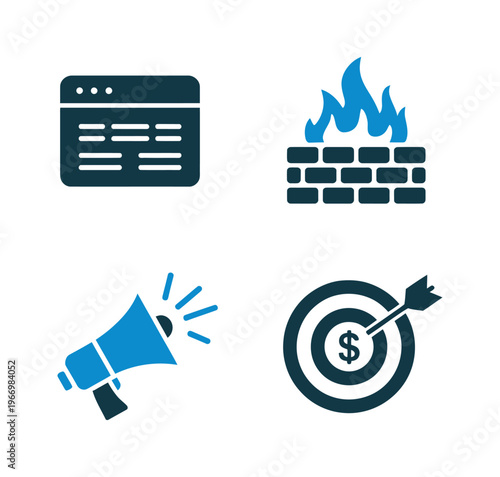 Vector depicting a website window, a brick wall with flames, a loudspeaker, and a dart hitting a target in a digital infographic style