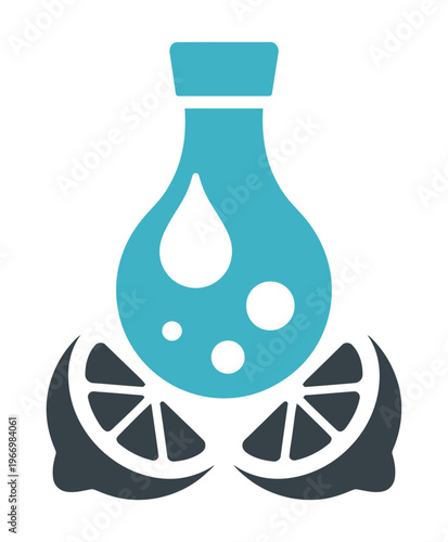 Vector of a bottle with lemon slices and juice droplets