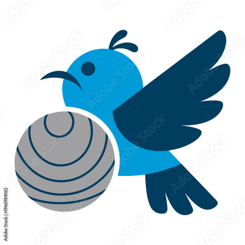 Vector of a blue bird holding a striped round object in a playful and cartoonish style