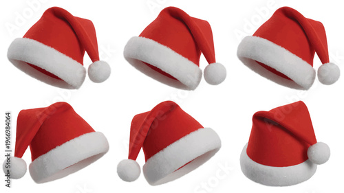 Red Santa hats with white trim and pom pom on white background