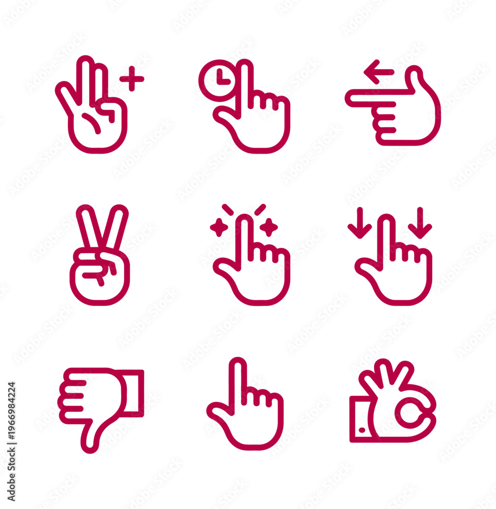 Fototapeta premium Vector of nine different hand gesture icons in a modern line art style