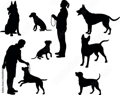 Dog silhouettes with people training and walking pets, domestic animals, canine behavior and pet care concept isolated on white background