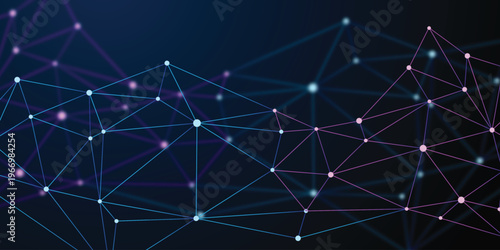 Abstract digital network background with glowing connected nodes and bright lines on a dark blue gradient illustrating data communication, technology flow, and futuristic connectivity.