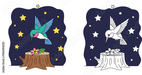 Cute Hummingbird Flying over a Tree Stump with a Pink Flower under a Starry Night Sky, Whimsical Cartoon Illustration for Kids, Nature and Wildlife Vector Art