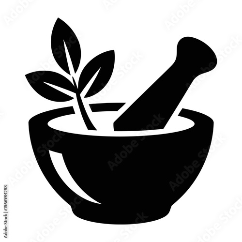Vector of a mortar and pestle with fresh herbal leaves inside