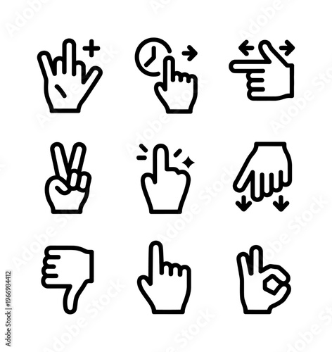 Vector displaying various hand gesture icons including a thumbs up and a peace sign