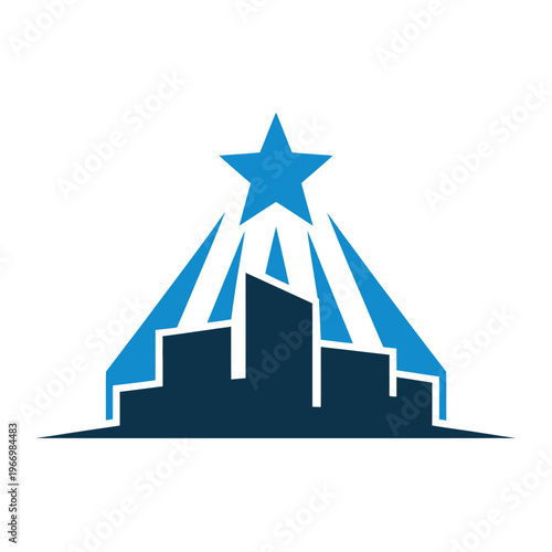 Vector of a star shining brightly above a city skyline with rays emanating outward