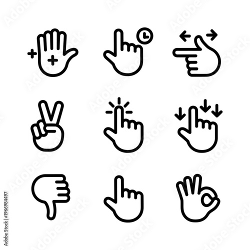 Vector collection of various hand gesture icons including signs for addition, pointing, clock, peace, click, downward arrows, dislike, and ok hand signals