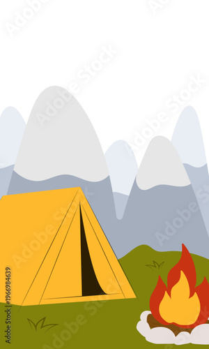 Flat vector illustration of camping outdoors. Mountains, campfire, tent, nature, camper, trees, coffee, backpack, guitar, kettle, boiler, tea, silence, calm, peace, marshmallows on fire