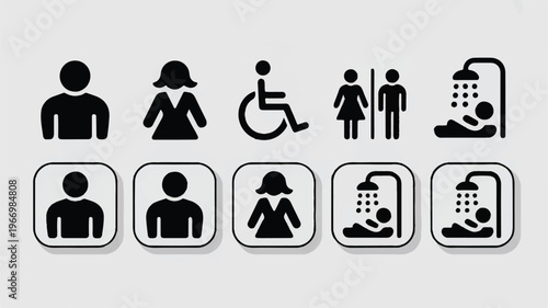 set of black pictograms of people in different situations and gender on gray background