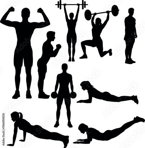Fitness silhouettes collection with people performing exercises, strength training, bodybuilding and workout poses, healthy lifestyle concept isolated on white background