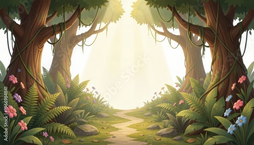Tropical Jungle Path Background Illustration with Lush Foliage and Flowers