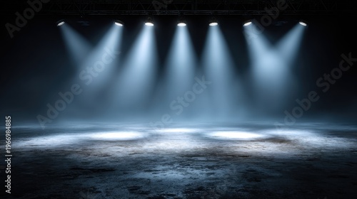 Dramatic Stage Lighting with Multiple Spotlights in a Dimly Lit Environment Creating a Mysterious and Atmospheric Backdrop for Creative Productions