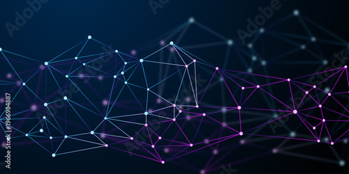 Abstract digital network background with glowing connected nodes and bright lines on a dark blue gradient illustrating data communication, technology flow, and futuristic connectivity.