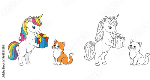 Cute Cartoon Unicorn with Rainbow Mane Giving a Gift Box to a Small Orange Kitten, Whimsical Illustration for Kids Birthday and Celebration, Friendship Vector Art Isolated on White