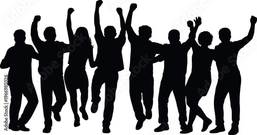 Group of happy people silhouettes jumping with raised hands celebrating success, teamwork, freedom and unity concept isolated on white background