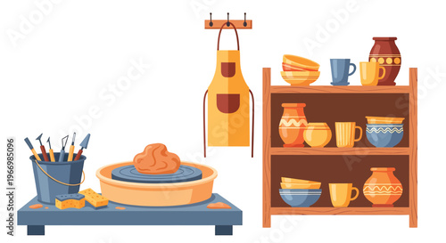 Potter Workshop with Clay and Ceramic Objects on Shelves