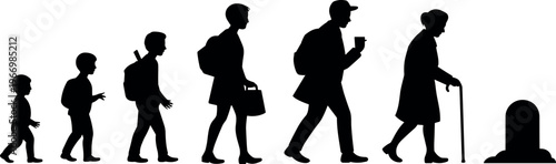 Human life cycle silhouettes from childhood to old age, stages of life concept, growth, aging process isolated on white background illustration