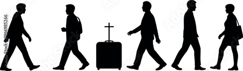People walking past suitcase with cross symbol, travel and religion concept, life journey, belief and movement isolated on white background