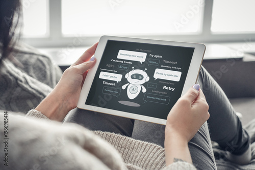 Woman's hands holding white tablet pc with  AI chatbot error concept on  screen, virtual assistant character with system failure messages