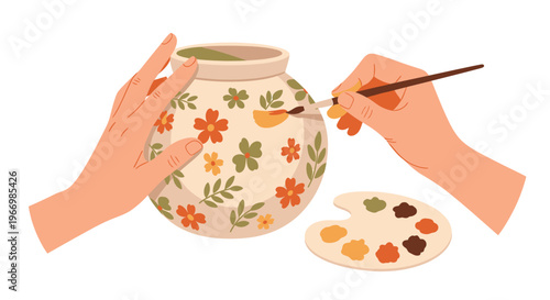 Hands Painting Ceramic Pot with Colorful Flowers