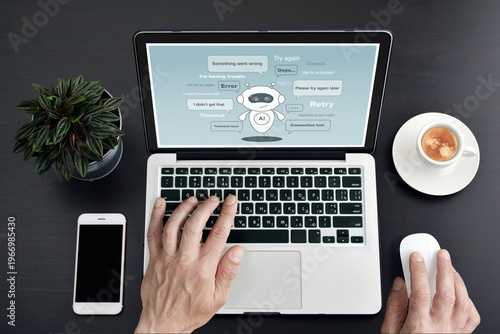 AI chatbot error concept on laptop screen, virtual assistant character with system failure messages