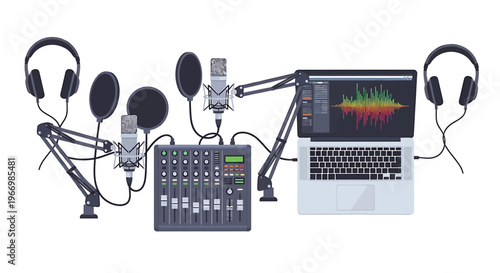 Professional Recording Studio Setup with Microphones, Headphones, Laptop and and Mixer