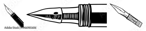 Fountain pen nib set with black line art on white background featuring nib, fountain pen, writing instrument, line drawing, illustration with pen and ink and typography