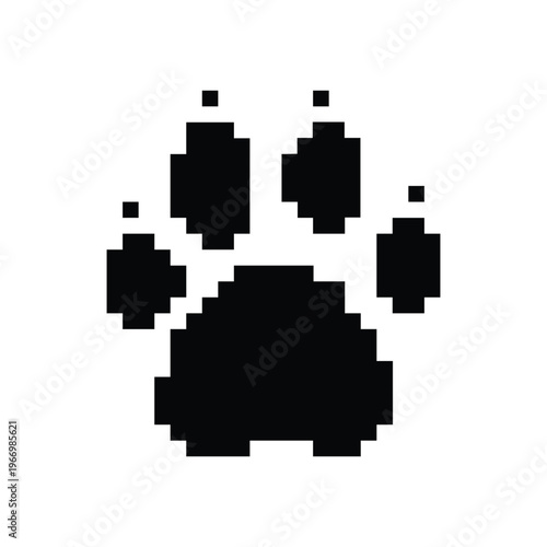 Simple flat vector animal paw print in pixel style on transparent background. Retro 8-bit pixel art design perfect for pet logos, animal tracking apps, wildlife icons, gaming graphics, and minimalist 