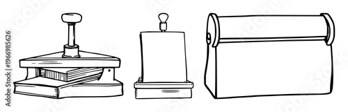 Book press handle set with black line art on white background featuring book press, handle, printing equipment with illustration and vector