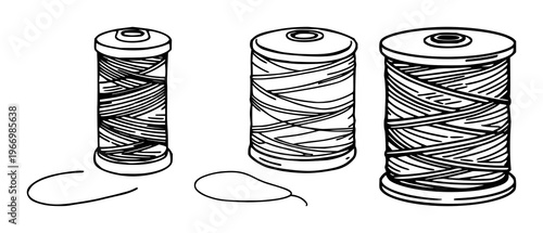 Linen thread spool set with black line art illustration on white background featuring linen, thread, spool with textile and fiber