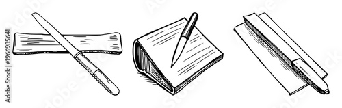 Bookbinding bone folder set with black line art on white background featuring illustration, bookbinding tool, outline with woodworking and crafting