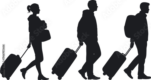 Silhouettes of travelers walking with rolling suitcases, airport journey concept, tourism, business trip, travel lifestyle isolated on white background