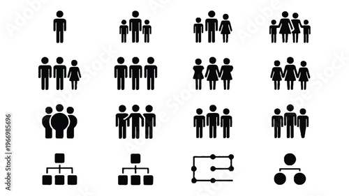 Various people and organizational structure icons on white background